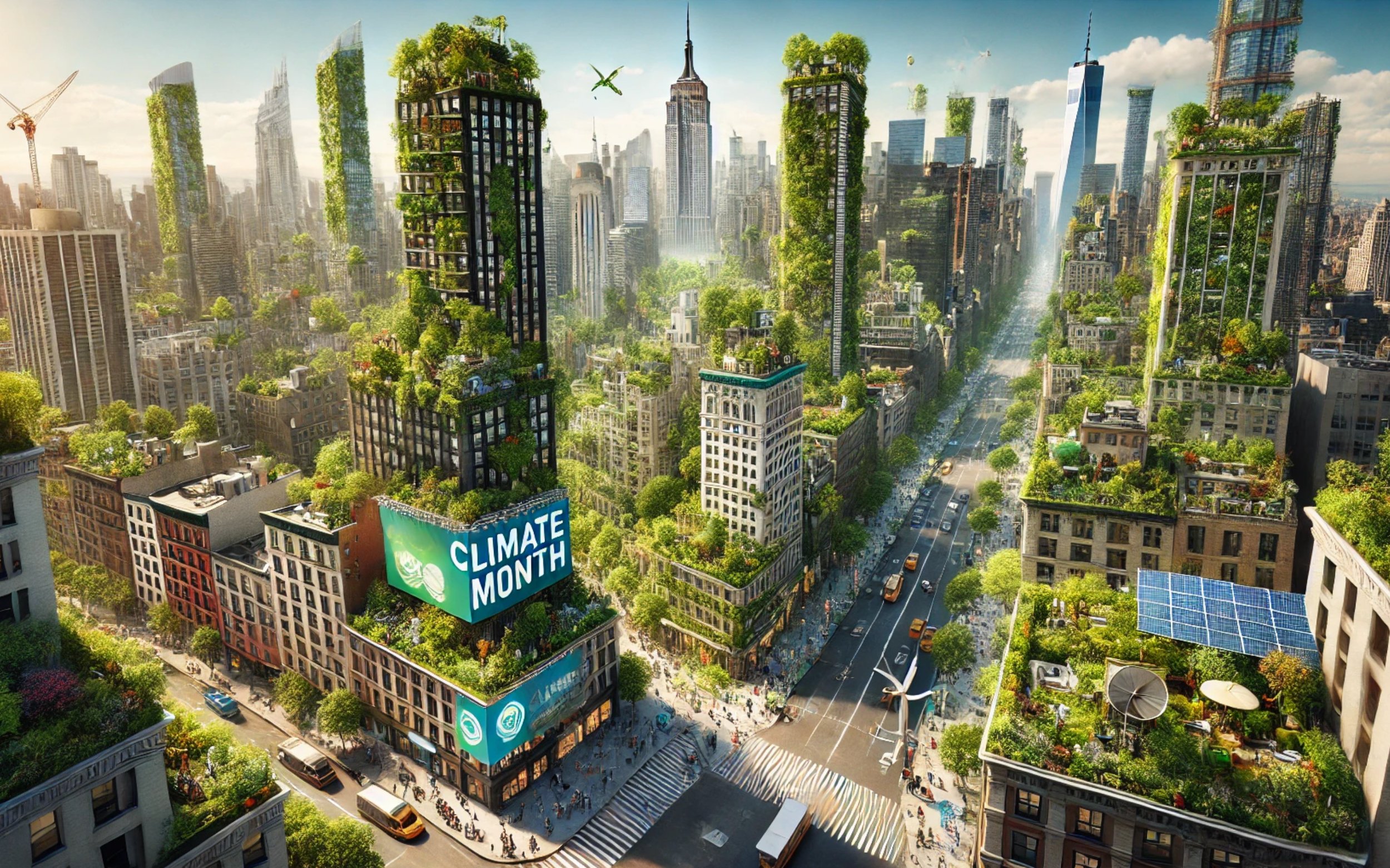 Web3 Climate Month NYC — aerial cover image of a green, regenerative Manhattan with the Climate Month banner