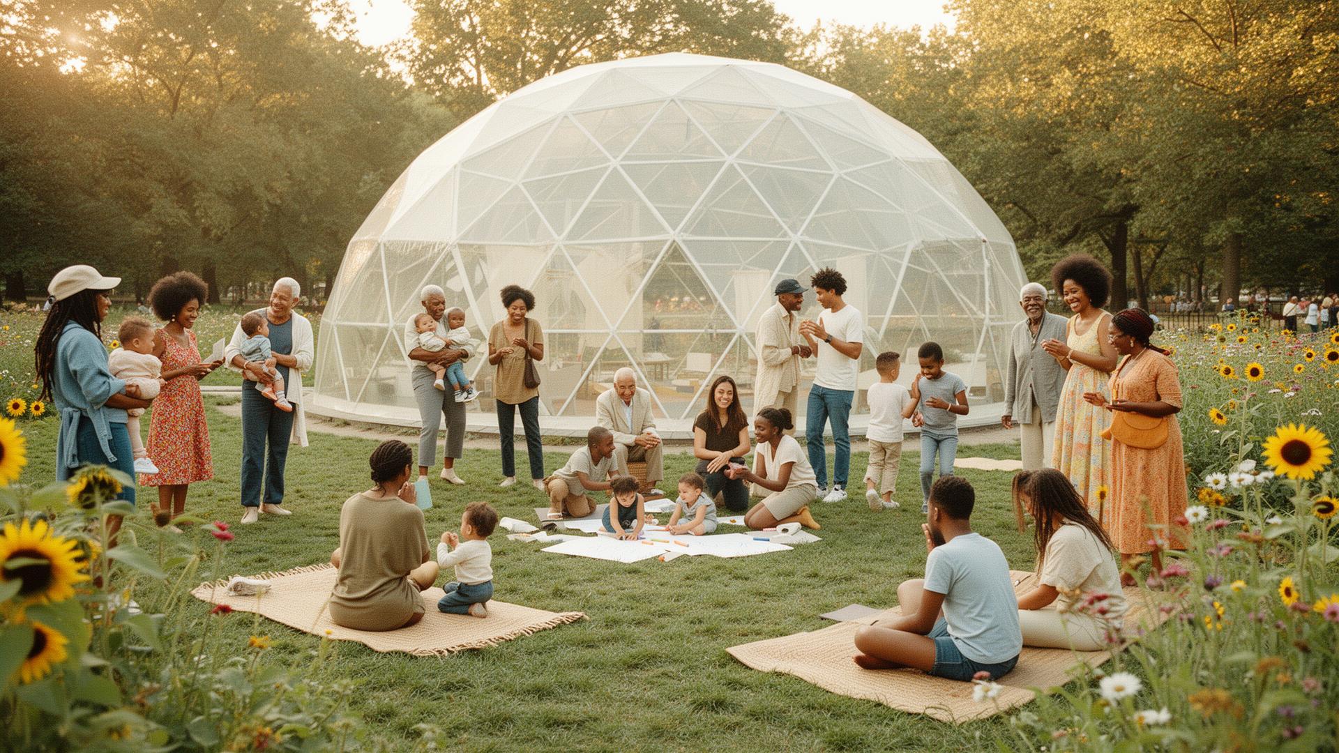 Families and children playing games and sharing picnics with sunflower bouquets in Central Park