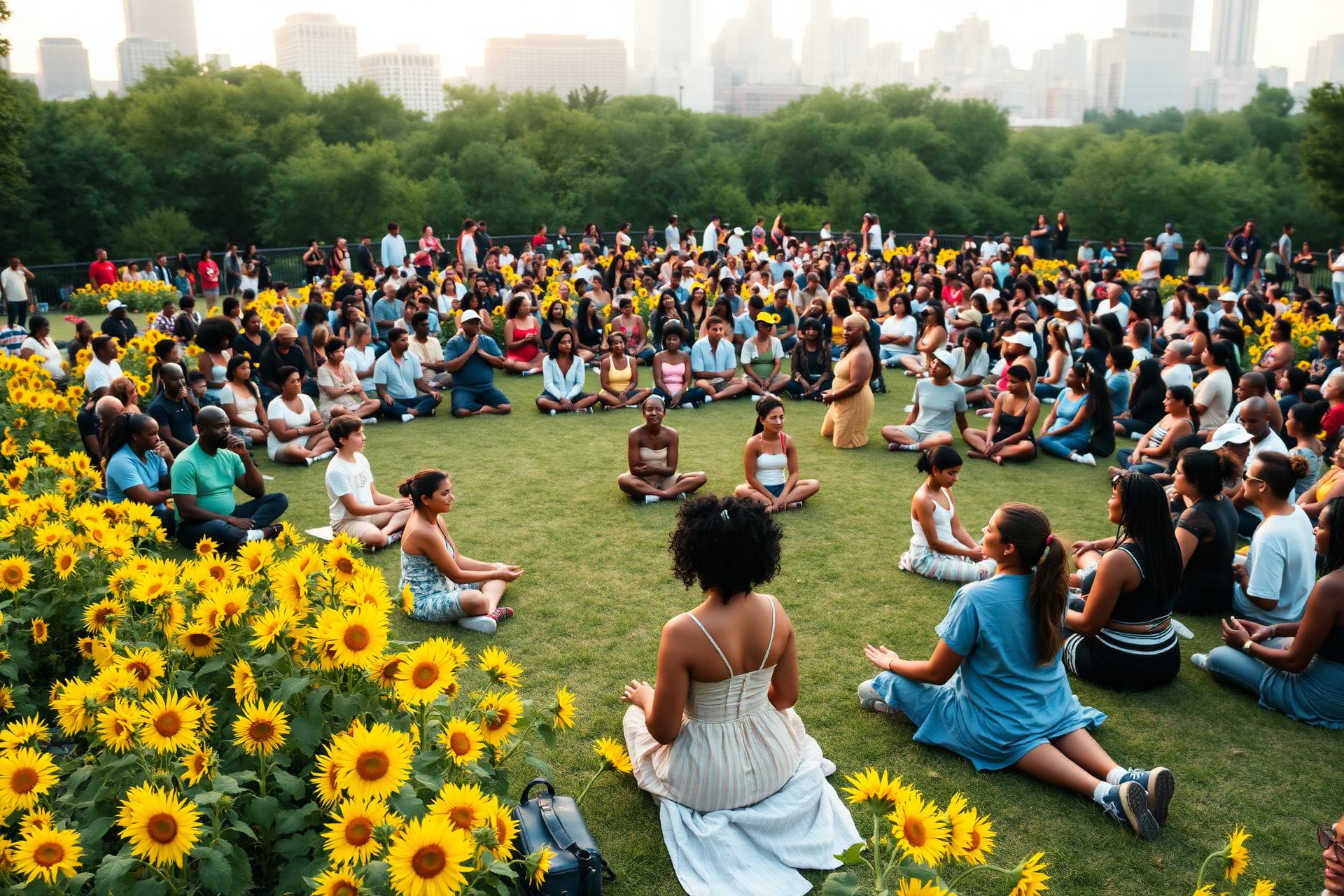 A diverse, multigenerational circle of New York City neighbors meditating casually together among blooming sunflowers in Central Park, Manhattan skyline behind