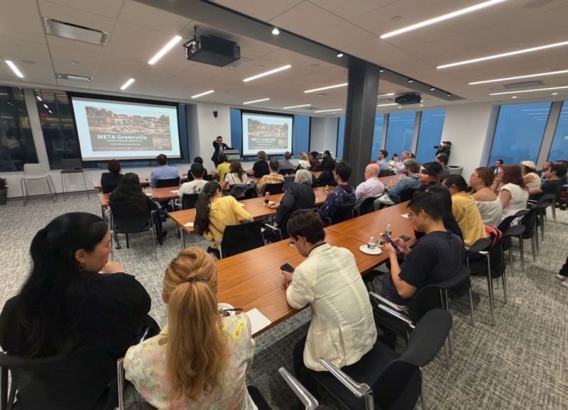 ReFi New York City soft-launch full house success — attendees at the Polsinelli offices watching the Meta Greenville presentation