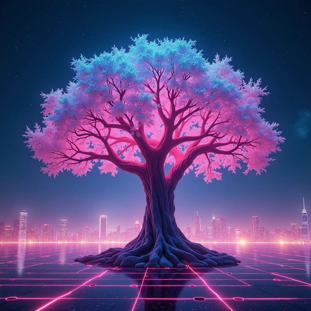 Digital Trees collection artwork — a luminous tree above a New York City skyline, presented at the ReFi New York City soft-launch full house success