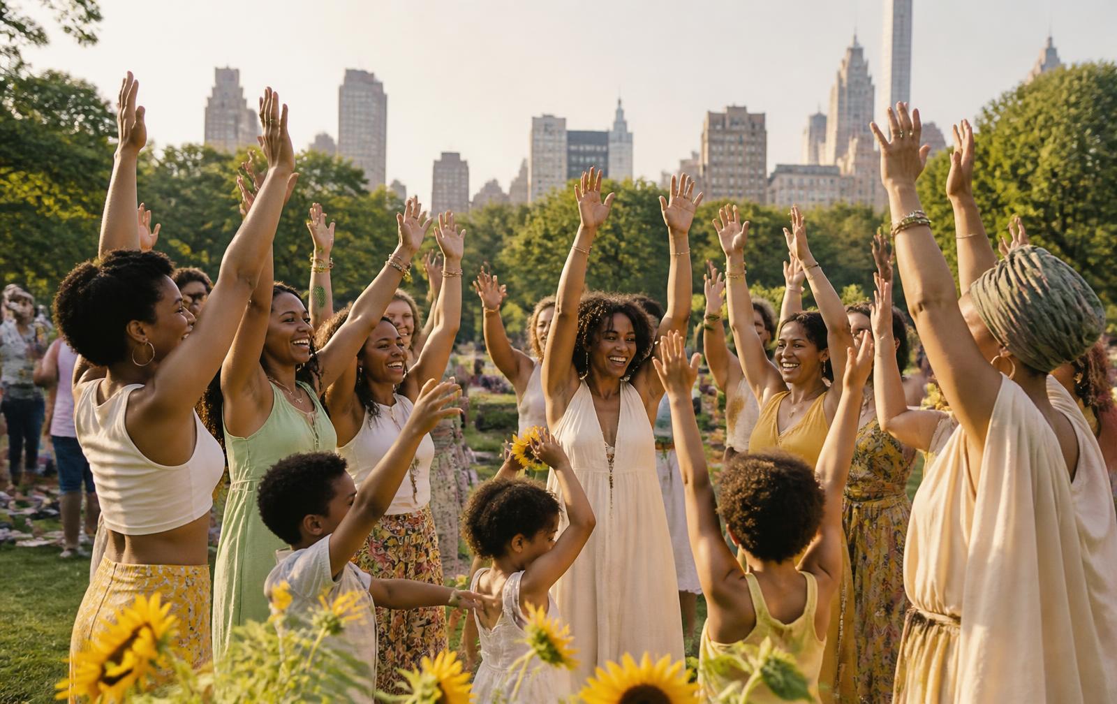 A joyful circle of women, families and children celebrating with raised arms on a sunlit Central Park lawn, sunflowers in the foreground and the Manhattan skyline behind